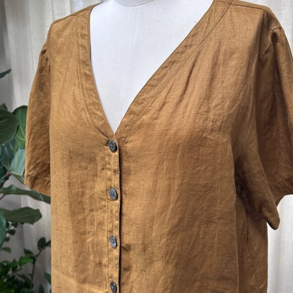 European Flax Linen Button-Up Short Sleeve Blouse Women's M Camel Minimalist Top - Picture 4 of 9